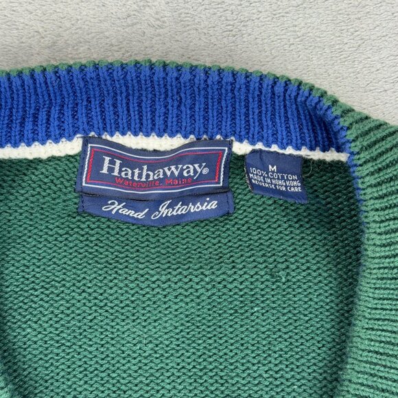 Vintage Hathaway Knitted Golf Sweater V-Neck Pullover Green Retro Y2K Grandpa M - Picture 7 of 9